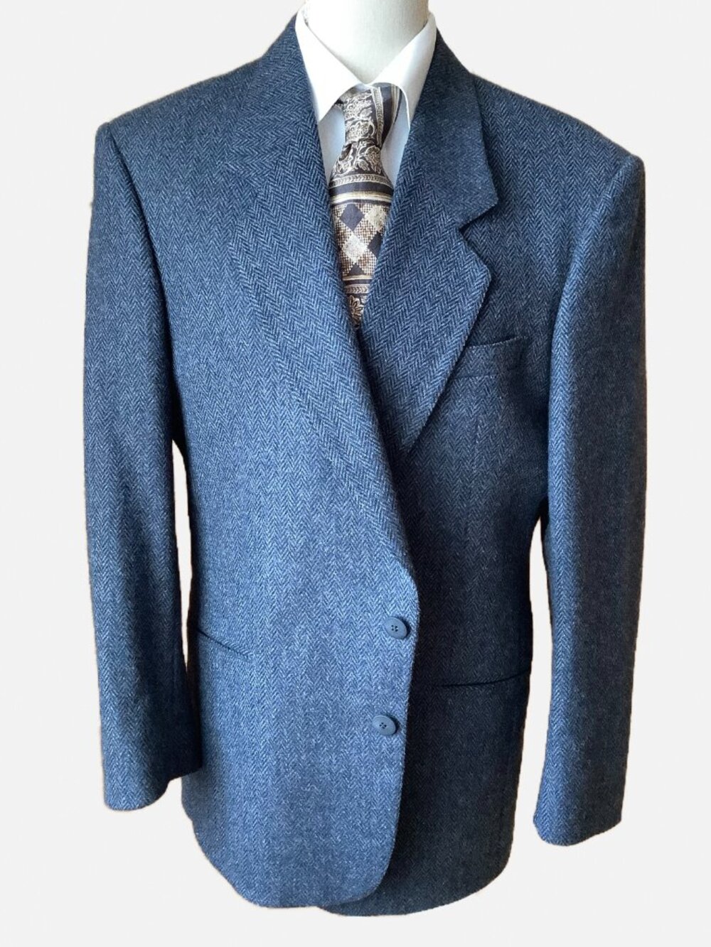 VINTAGE Blue Herringbone Wool Blazer Sport Coat Jacket Men's 42R